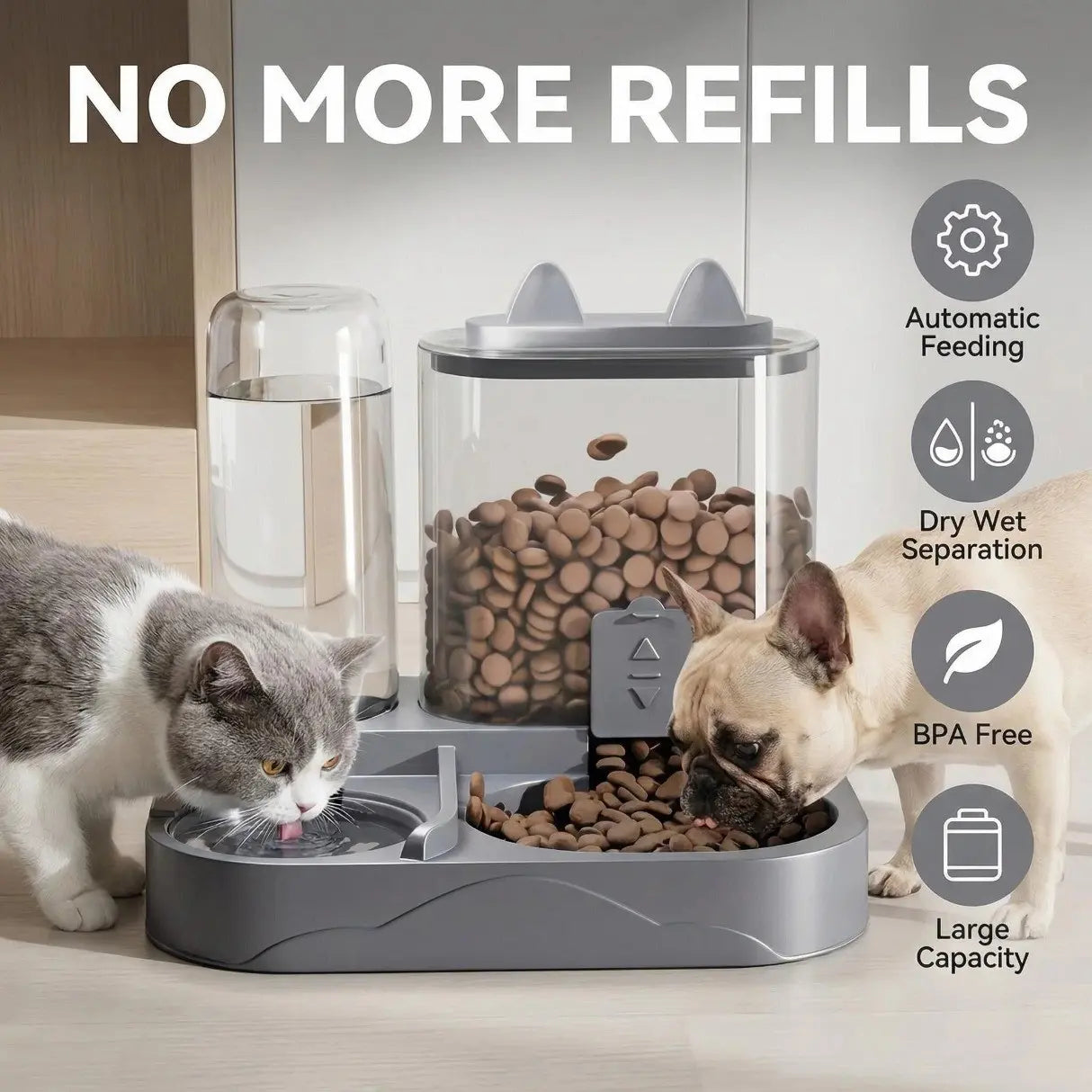 Dual Automatic Cat Feeder and Water Dispenser, BPA-Free Gravity Pet Feeding Station with Dry-Wet Separation, Travel-Friendly Auto Dog Water Bowl for Indoor Cats and Dogs