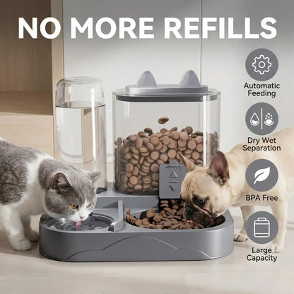Dual Automatic Cat Feeder and Water Dispenser, BPA-Free Gravity Pet Feeding Station with Dry-Wet Separation, Travel-Friendly Auto Dog Water Bowl for Indoor Cats and Dogs