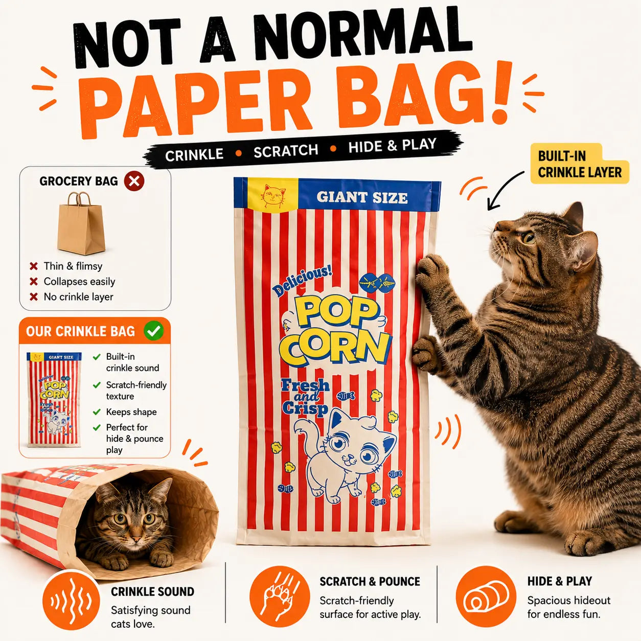 Giant Paper Crinkle Bag Tunnel for Indoor Cats - Collapsible 29.5 x 13.8 Inch Interactive Hideaway with Crinkle Sound for Kittens, Rabbits, and Ferrets