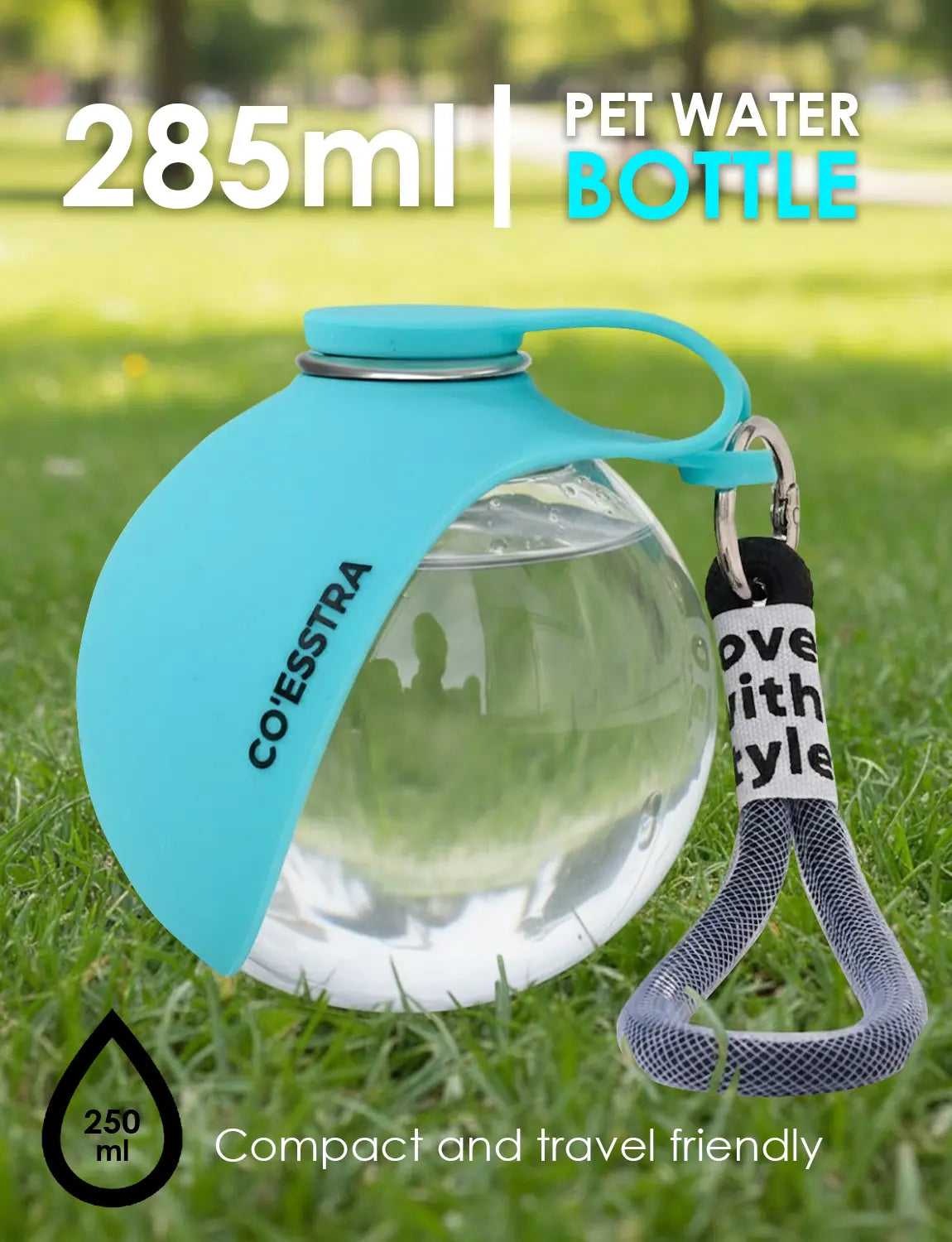 Stainless Steel Pet Water Bottle with Integrated Drinking Basin - 285ml Leak-Proof Travel Solution for Dogs and Cats, Ideal for Walks, Road Trips, and Outdoor Activities