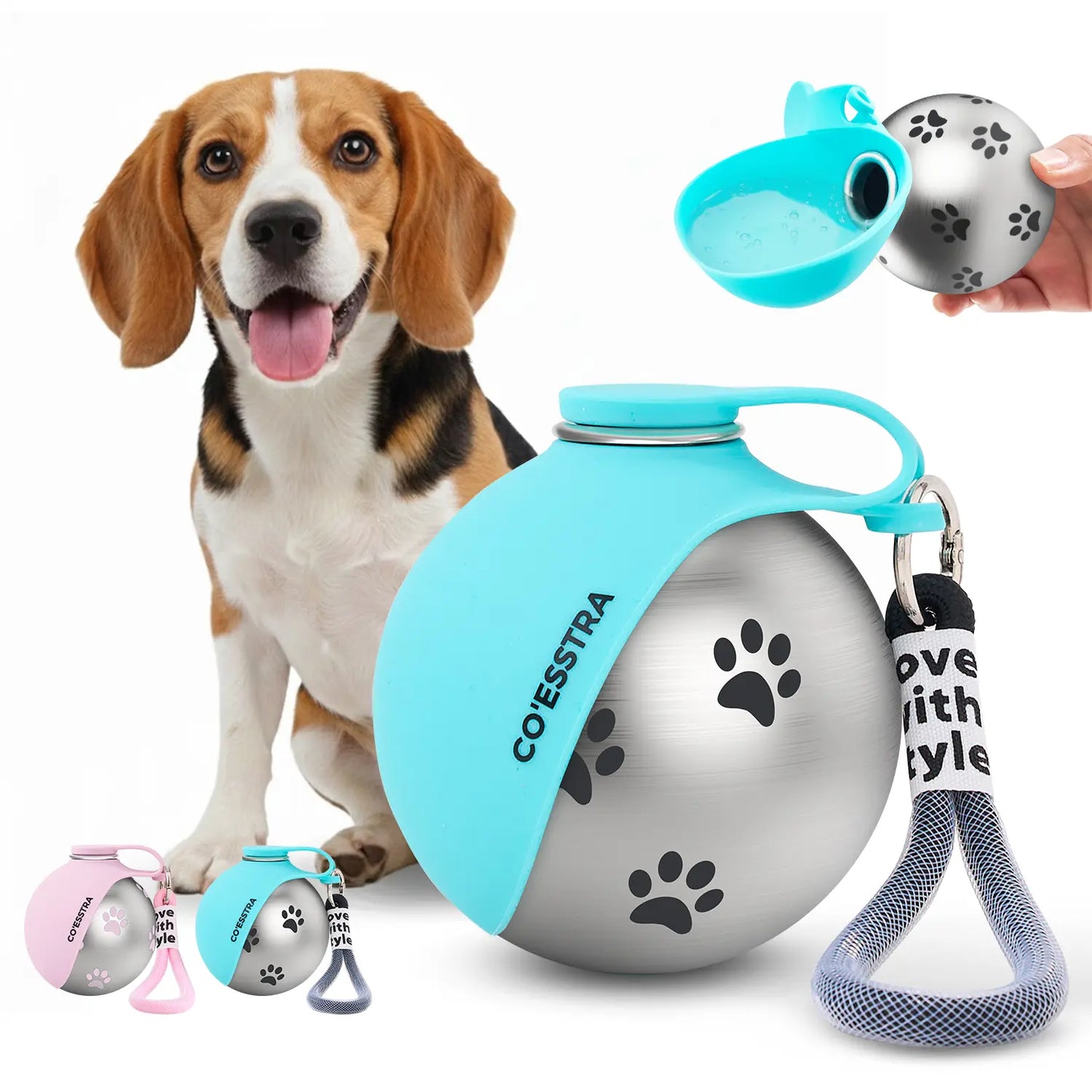 Stainless Steel Pet Water Bottle with Integrated Drinking Basin - 285ml Leak-Proof Travel Solution for Dogs and Cats, Ideal for Walks, Road Trips, and Outdoor Activities