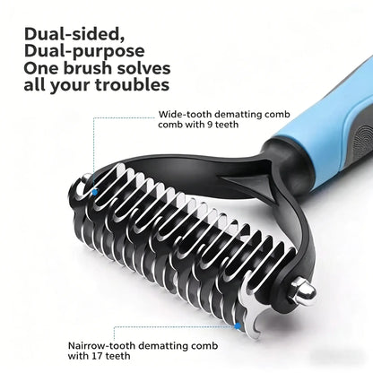 Professional Pet Detangling Comb and Double-Sided Grooming Brush for Dogs and Cats with One-Click Undercoat Rake for Shedding and Mats