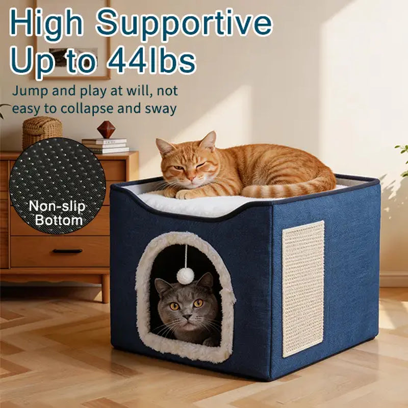 Indoor Cat House - Spacious Cat Bed Cave with Scratch Pad and Fluffy Ball, Foldable Cat Condo Hideaway with Reversible Cushion, Suitable for All Seasons, Ideal for Multiple Small Pets, Dark Ivory Design