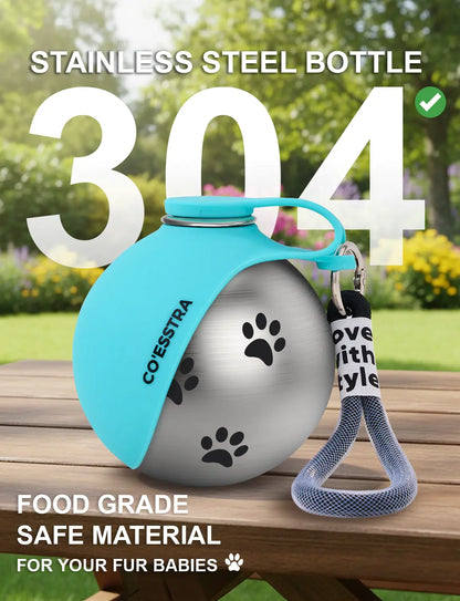 Stainless Steel Pet Water Bottle with Integrated Drinking Basin - 285ml Leak-Proof Travel Solution for Dogs and Cats, Ideal for Walks, Road Trips, and Outdoor Activities