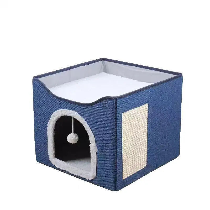 Indoor Cat House - Spacious Cat Bed Cave with Scratch Pad and Fluffy Ball, Foldable Cat Condo Hideaway with Reversible Cushion, Suitable for All Seasons, Ideal for Multiple Small Pets, Dark Ivory Design