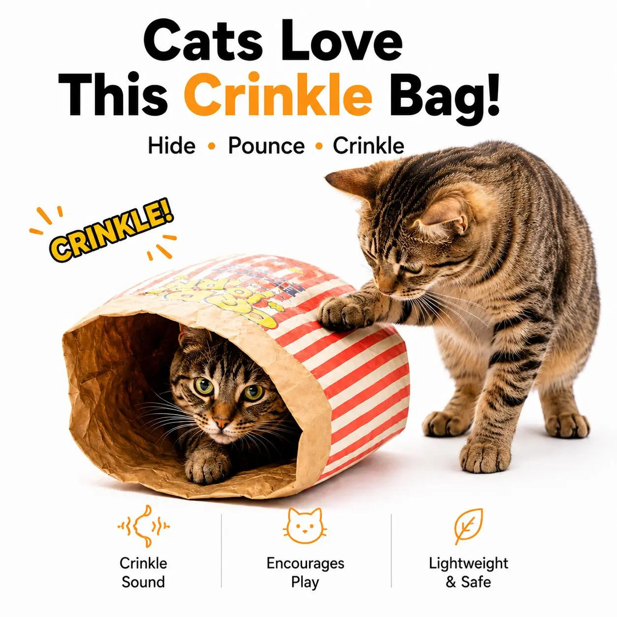 Giant Paper Crinkle Bag Tunnel for Indoor Cats - Collapsible 29.5 x 13.8 Inch Interactive Hideaway with Crinkle Sound for Kittens, Rabbits, and Ferrets