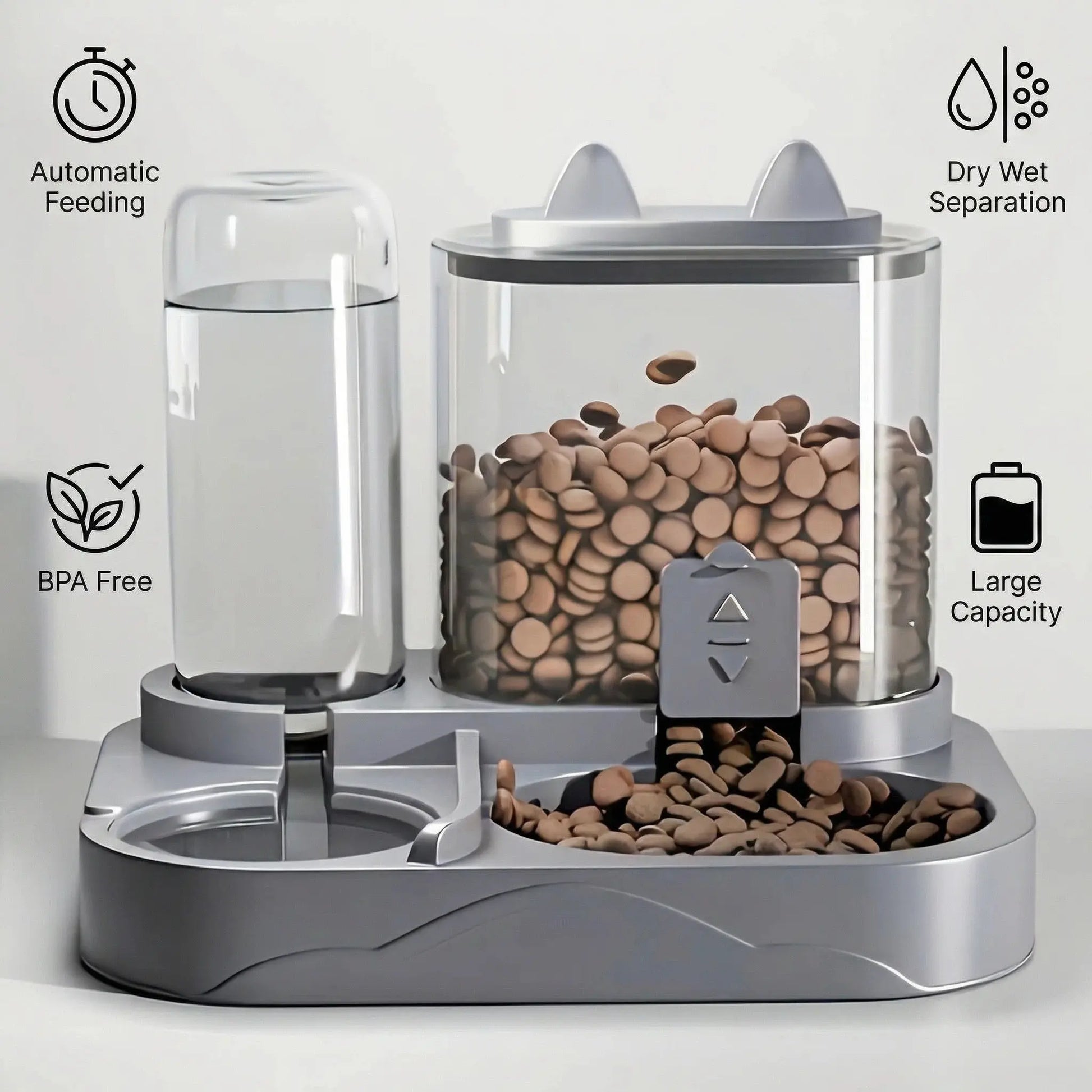 Dual Automatic Cat Feeder and Water Dispenser, BPA-Free Gravity Pet Feeding Station with Dry-Wet Separation, Travel-Friendly Auto Dog Water Bowl for Indoor Cats and Dogs