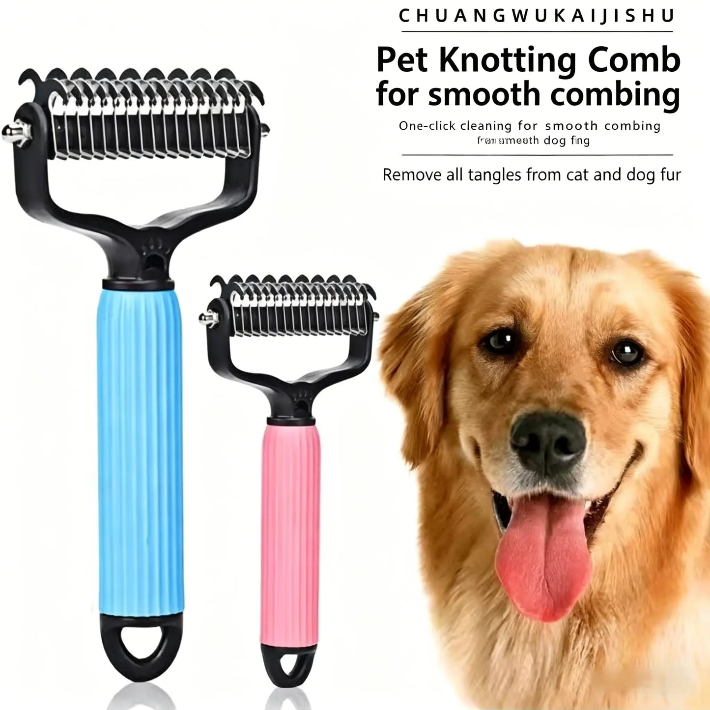 Professional Pet Detangling Comb and Double-Sided Grooming Brush for Dogs and Cats with One-Click Undercoat Rake for Shedding and Mats