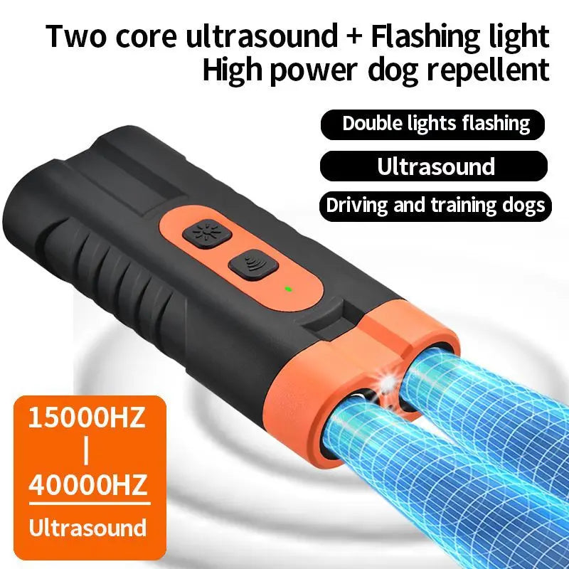 Upgraded Dual-Head Ultrasonic Dog Repeller and Bark Control Flashlight - Rechargeable Portable Device for Pet Owners and Dog Walkers