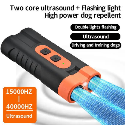 Upgraded Dual-Head Ultrasonic Dog Repeller and Bark Control Flashlight - Rechargeable Portable Device for Pet Owners and Dog Walkers