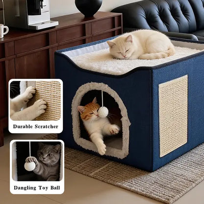 Indoor Cat House - Spacious Cat Bed Cave with Scratch Pad and Fluffy Ball, Foldable Cat Condo Hideaway with Reversible Cushion, Suitable for All Seasons, Ideal for Multiple Small Pets, Dark Ivory Design