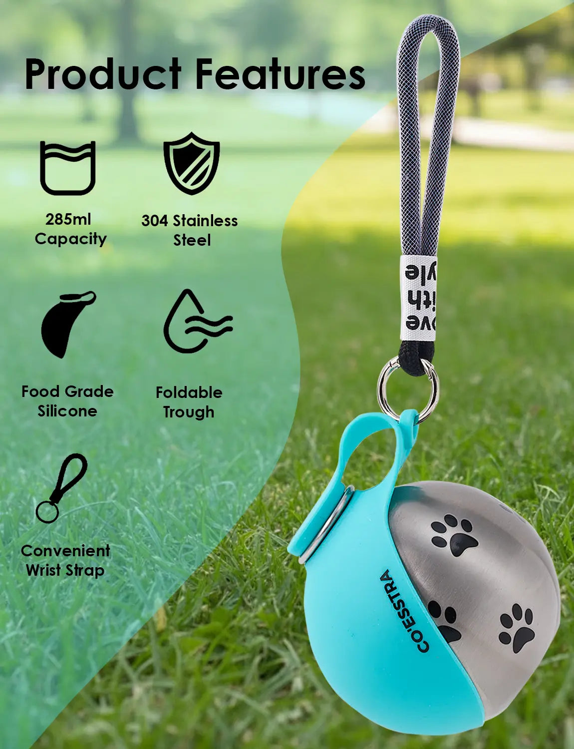 Stainless Steel Pet Water Bottle with Integrated Drinking Basin - 285ml Leak-Proof Travel Solution for Dogs and Cats, Ideal for Walks, Road Trips, and Outdoor Activities