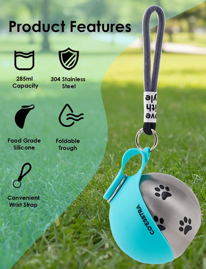 Stainless Steel Pet Water Bottle with Integrated Drinking Basin - 285ml Leak-Proof Travel Solution for Dogs and Cats, Ideal for Walks, Road Trips, and Outdoor Activities