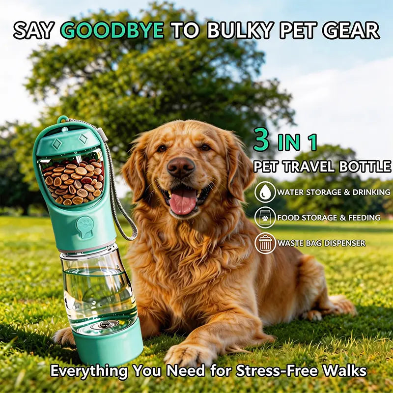 3-in-1 Portable Pet Water Bottle with Poop Bag Dispenser - 20 Oz Leak-Proof Container for Travel, Hiking, and Outdoor Activities