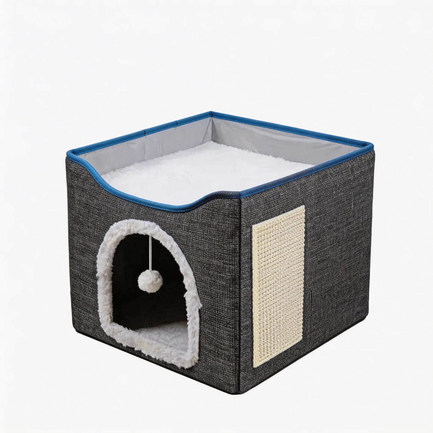 Indoor Cat House - Spacious Cat Bed Cave with Scratch Pad and Fluffy Ball, Foldable Cat Condo Hideaway with Reversible Cushion, Suitable for All Seasons, Ideal for Multiple Small Pets, Dark Ivory Design