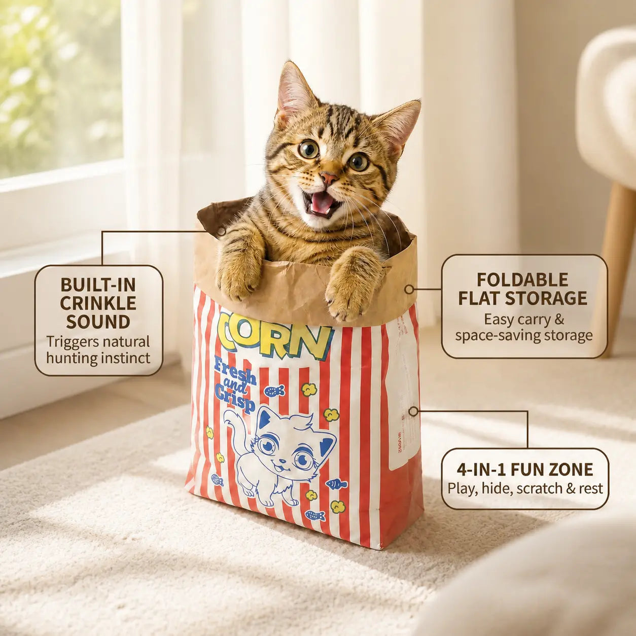Giant Paper Crinkle Bag Tunnel for Indoor Cats - Collapsible 29.5 x 13.8 Inch Interactive Hideaway with Crinkle Sound for Kittens, Rabbits, and Ferrets