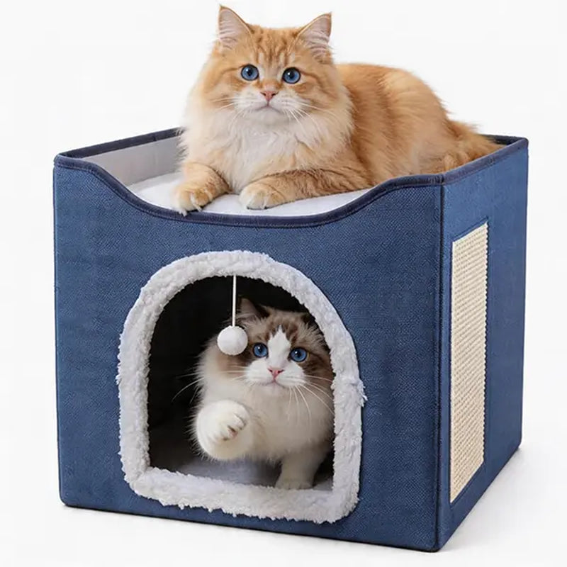 Indoor Cat House - Spacious Cat Bed Cave with Scratch Pad and Fluffy Ball, Foldable Cat Condo Hideaway with Reversible Cushion, Suitable for All Seasons, Ideal for Multiple Small Pets, Dark Ivory Design