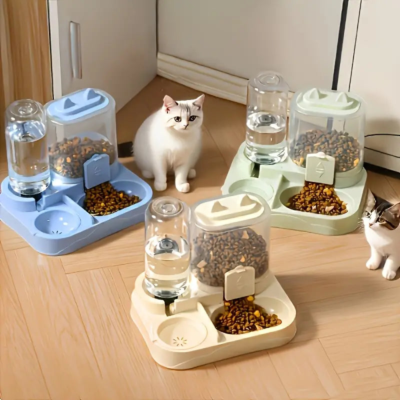 Dual Automatic Cat Feeder and Water Dispenser, BPA-Free Gravity Pet Feeding Station with Dry-Wet Separation, Travel-Friendly Auto Dog Water Bowl for Indoor Cats and Dogs