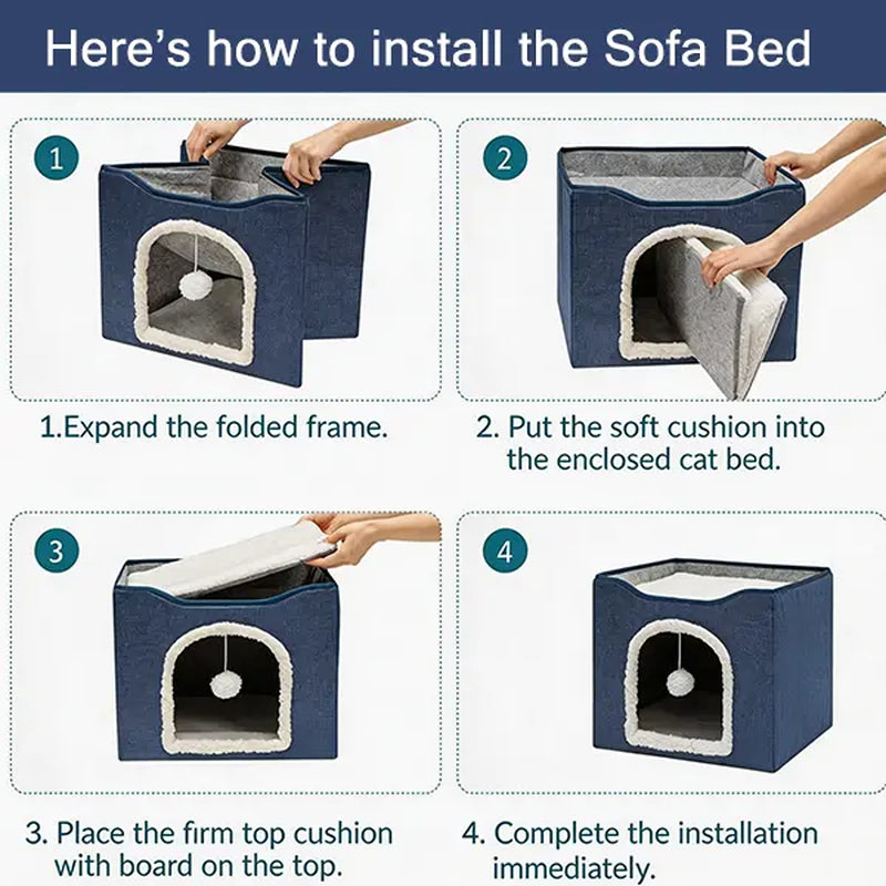 Indoor Cat House - Spacious Cat Bed Cave with Scratch Pad and Fluffy Ball, Foldable Cat Condo Hideaway with Reversible Cushion, Suitable for All Seasons, Ideal for Multiple Small Pets, Dark Ivory Design