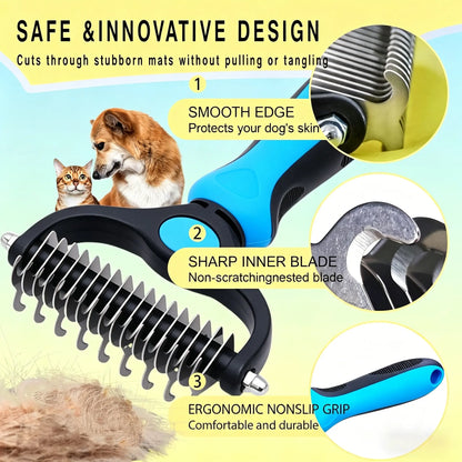 Professional Pet Detangling Comb and Double-Sided Grooming Brush for Dogs and Cats with One-Click Undercoat Rake for Shedding and Mats
