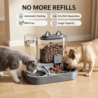 Dual Automatic Cat Feeder and Water Dispenser, BPA-Free Gravity Pet Feeding Station with Dry-Wet Separation, Travel-Friendly Auto Dog Water Bowl for Indoor Cats and Dogs